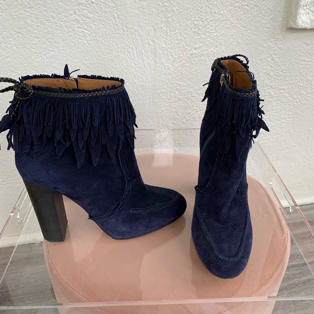 Aquazzura blue fringe booties